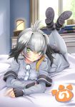  1girl ahoge ankle_boots bedroom blush bodystocking book boots feathers feet_up fingerless_gloves gloves green_eyes head_wings indoors kemono_friends logo long_hair looking_at_viewer lying multicolored_hair necktie on_bed on_stomach shoebill_(kemono_friends) shorts silver_hair solo window yumibakama_meme 