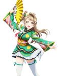  1girl :d brown_hair fan floating_hair green_kimono hair_ornament hairclip holding holding_fan japanese_clothes kimono long_hair looking_at_viewer love_live! love_live!_school_idol_project minami_kotori open_mouth outstretched_arm ribbon side_ponytail skirt smile solo standing thigh-highs transparent_background white_legwear white_skirt yellow_eyes yellow_ribbon 