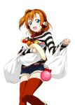 1girl black_bow blue_eyes blue_shorts bow brown_hair hair_bow hairband holding kousaka_honoka love_live! love_live!_school_idol_project open_mouth red_hairband red_legwear short_hair short_shorts shorts side_ponytail solo standing striped thigh-highs transparent_background 