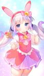 1girl :o alternate_costume animal_ears bangs blue_eyes blunt_bangs blush bow bowtie dragon_girl dress gloves half-closed_eyes kanna_kamui kobayashi-san_chi_no_maidragon lavender_hair looking_at_viewer low_twintails magical_girl open_mouth piyodera_mucha puffy_short_sleeves puffy_sleeves rabbit_ears short_sleeves solo sparkle staff thigh-highs thighs twintails v wand 
