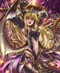  1girl :d arms_up artist_request blonde_hair crown detached_sleeves dragon_girl dragon_horns dragon_tail dragon_wings dragonewt_princess eyebrows_visible_through_hair frilled_sleeves frills horns loincloth long_hair navel official_art open_mouth orange_eyes pointy_ears raised_eyebrow scales shadowverse smile spikes tail teeth wings 