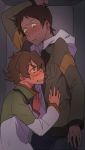  1boy 1girl brown_eyes brown_hair catgirl0926 clenched_teeth cramped dark_skin dark_skinned_male glasses hood hood_down hyakujuu-ou_golion jacket lance_(voltron) pidge_gunderson puffy_cheeks reverse_trap short_hair sweatdrop teeth voltron:_legendary_defender 