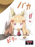  !! &gt;:&gt; 1girl animal_ears bangs blonde_hair blunt_bangs blush_stickers chibi commentary_request da-mii eating food food_in_mouth fox_ears fox_tail highres long_hair looking_at_viewer oshiro_project pink_eyes plate senko_(oshiro_project) simple_background sitting solo surprised tail tofu torii_hair_ornament white_background 