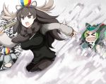  black_hair choi_kada eyebrows_visible_through_hair fingerless_gloves gloves grey_hair head_wings hood kemono_friends long_hair moose_ears multicolored_hair multiple_girls necktie ninja object_on_head panther_chameleon_(kemono_friends) shirt shoebill_(kemono_friends) short_sleeves side_ponytail sleeveless snow tree 