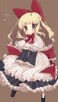  1girl apron blonde_hair blue_eyes blue_shoes blue_skirt blush bow bowtie brown_background capelet eyebrows_visible_through_hair frilled_apron frilled_ribbon frilled_sleeves frills full_body hair_bow highres long_hair long_sleeves no_mouth no_nose pointy_ears puppet_strings red_bow red_bowtie red_ribbon ribbon shanghai_doll shoes simple_background skirt solo striped striped_legwear striped_skirt touhou usamata white_apron white_legwear wide_sleeves 