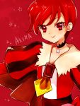 1girl character_name chocolate chocolate_bar choker cosplay cure_chocolat cure_chocolat_(cosplay) english eyelashes fur fur_trim happy juliet_sleeves kenjou_akira kirakira_precure_a_la_mode long_sleeves looking_at_viewer nene_(oneoneo13) precure puffy_sleeves red red_background red_eyes redhead short_hair smile solo 