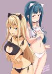  2girls 3:&lt; :d alessandra_susu animal_ears bangs bell bell_choker black_bra black_panties blonde_hair blue_eyes blue_hair blunt_bangs blush bra breasts cat_cutout cat_ear_panties cat_ears cat_lingerie choker cleavage cleavage_cutout closed_mouth collarbone dated fake_animal_ears frilled_bra frills grey_background hairband jingle_bell kichihachi large_breasts lingerie long_hair looking_at_viewer meme_attire multiple_girls open_mouth panties paw_print red_eyes side-tie_panties sidelocks simple_background smile standing tan tanline teeth tendouji_musubi tokyo_7th_sisters twitter_username underwear white_bra white_panties 