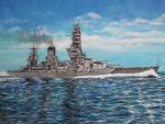  battleship fusou_(battleship) highres imperial_japanese_navy military military_vehicle nobu_(pixiv17498793) ocean original rising_sun ship smokestack sunburst turret warship watercraft waves 