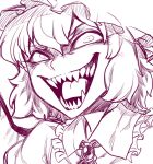  1girl bat_wings brooch evil_grin evil_smile fangs grin hat jewelry mob_cap open_mouth puffy_short_sleeves puffy_sleeves remilia_scarlet sharp_teeth short_hair short_sleeves smile solo space_jin teeth tongue touhou vampire wings 