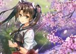  1girl bow_(weapon) cherry_blossoms green_eyes grey_hair hair_ribbon hakama japanese_clothes kantai_collection kotatsu_(kotatsu358) long_hair muneate nontraditional_miko petals red_hakama ribbon short_sleeves smile solo tasuki twintails weapon white_ribbon zuikaku_(kantai_collection) 