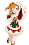  1girl ;d belt blue_eyes bow capelet frilled_skirt frills hair_bow hooded hooded_capelet kneehighs kousaka_honoka love_live! love_live!_school_idol_project one_eye_closed open_mouth orange_hair orange_legwear red_bow red_skirt short_hair side_ponytail skirt smile solo standing transparent_background wrist_cuffs 