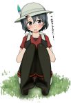  1girl backpack bag black_hair feathers feet gloves hat highres kaban kemono_friends no_shoes pantyhose satou_(su9arsatou) short_hair shorts sitting soles solo toes translated 