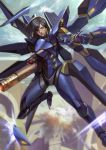  1girl adapted_costume black_hair breasts dark_skin eye_of_horus facial_mark facial_tattoo gundam gundam_seed gundam_seed_destiny long_hair overwatch phamoz pharah_(overwatch) solo strike_freedom_gundam tattoo wings 