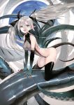  1girl absurdres bare_shoulders blue_eyes elbow_gloves gills gloves highres leotard long_hair looking_at_viewer original pointy_ears scan silver_hair solo tail thigh-highs tokiti webbed_hands 