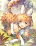 1girl animal_ears blush breasts deecha elbow_gloves eyebrows_visible_through_hair gloves highres kemono_friends large_breasts looking_at_viewer open_mouth orange_eyes orange_gloves orange_hair serval_(kemono_friends) serval_ears serval_tail short_hair smile solo tail 