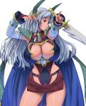  &gt;:( 1girl armpits bangs breasts cape circlet cleavage cowboy_shot dark_elf dark_skin detached_sleeves elf faulds foreshortening gluteal_fold highres holding holding_sword holding_weapon large_breasts long_hair long_sleeves looking_at_viewer masao microskirt original parted_bangs parted_lips pauldrons pointy_ears profile red_eyes reverse_grip silver_hair skirt solo sword weapon 