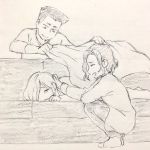  1girl 2boys blanket closed_eyes couch georgi_popovich graphite_(medium) highres itou_noriko lying mila_babicheva monochrome multiple_boys official_art on_side open_mouth sketch sleeping smile squatting tears traditional_media yuri!!!_on_ice yuri_plisetsky 