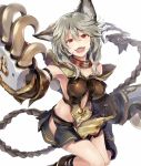  1girl :d animal_ears blush boots breasts claw_(weapon) claws collar collarbone erun_(granblue_fantasy) fangs fur_trim granblue_fantasy grey_hair hair_between_eyes kakao_rantan looking_at_viewer medium_breasts no_panties open_mouth red_eyes sen_(granblue_fantasy) short_hair simple_background skirt smile solo weapon white_background 