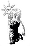  1girl braid dress full_body hair_ribbon highres kukuri lee_(dragon_garou) mahoujin_guruguru monochrome parody ribbon smile solo staff standing standing_on_one_leg style_parody toriyama_akira_(style) twin_braids 