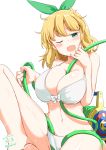  1girl ;3 ;d bangs between_breasts bikini blush bow breasts character_name collarbone dated front-tie_bikini front-tie_top green_bow hair_bow hose kichihachi large_breasts looking_at_viewer navel one_eye_closed open_mouth ryouna_(senran_kagura) senran_kagura_(series) senran_kagura_shinovi_versus short_hair simple_background sitting smile solo swimsuit thighs twitter_username wavy_hair white_background white_bikini 