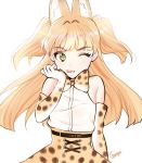 1girl ;p animal_ears bare_shoulders bow bowtie chungu cosplay elbow_gloves gloves green_eyes idolmaster idolmaster_cinderella_girls jougasaki_rika kemono_friends long_hair one_eye_closed serval_(kemono_friends) serval_(kemono_friends)_(cosplay) simple_background solo tongue tongue_out two_side_up white_background 