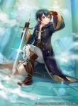  1boy bangs belt black_hair blue_eyes boots copyright_name fire_emblem fire_emblem:_kakusei fire_emblem_cipher gloves holding holding_weapon knee_boots kneeling long_coat male_focus mark_(fire_emblem) matsurika_youko official_art outdoors pants short_hair solo sword weapon 