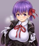  1girl bb_(fate/extra_ccc) bow breasts cape commentary_request fate/extra fate/extra_ccc fate_(series) gloves hair_bow hair_ribbon highres kuragari large_breasts long_hair looking_at_viewer open_clothes purple_hair ribbon smile solo steam sweat upper_body violet_eyes white_gloves 