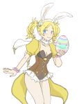  1girl animal_ears blonde_hair blue_eyes blush breasts bunnysuit cleavage easter_egg fire_emblem fire_emblem:_kakusei fire_emblem_heroes highres liz_(fire_emblem) looking_at_viewer male_focus rabbit_ears simple_background smile solo_focus twintails white_background 