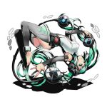  1girl barefoot black_legwear blue_nails breasts detached_sleeves divine_gate feet floating_hair floating_necktie full_body green_eyes green_hair hair_ornament hatsune_miku holding leotard long_hair medium_breasts miku_append nail_polish outstretched_arm shadow solo toenail_polish toes transparent_background twintails ucmm very_long_hair vocaloid vocaloid_append white_leotard 