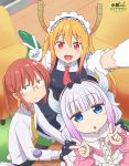  3girls bangs beads black_bow blonde_hair blue_eyes blunt_bangs blush bow dragon_girl dragon_horns dragon_tail dress glasses gloves gradient_hair hair_beads hair_ornament hairband highres horns kanna_kamui kobayashi-san_chi_no_maidragon kobayashi_(maidragon) kyoto_animation lavender_hair long_hair looking_at_viewer low_twintails maid maid_headdress multicolored_hair multiple_girls necktie open_mouth purdoy25 redhead slit_pupils smile tail tooru_(maidragon) twintails 