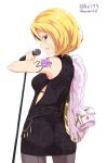  1girl ass black_dress black_legwear blonde_hair breasts character_name cowboy_shot dress echizen_murasaki from_behind hair_between_eyes holding holding_microphone jacket_on_shoulders kichihachi looking_at_viewer looking_back medium_breasts microphone microphone_stand multicolored_hair pantyhose parted_lips profile purple_hair short_dress short_hair shoulder_tattoo simple_background smile solo streaked_hair tattoo thighs tight_dress tokyo_7th_sisters twitter_username two-tone_hair white_background 