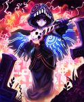  1girl apprentice_necromancer artist_request cloak corset cross dress frown gloves graveyard hood hooded_cloak lightning_bolt necromancer official_art pale_skin purple_hair shadowverse skull staff tombstone violet_eyes 