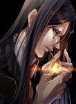  1boy black_background black_eyes black_hair blazer cigarette fate_(series) fire formal from_side glasses jacket kurakura_(kura28913) lighter lighting_cigarette long_hair looking_at_viewer looking_to_the_side lord_el-melloi_ii lord_el-melloi_ii_case_files male_focus mouth_hold necktie older red_necktie solo suit waver_velvet 