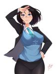  1girl aori_sora arm_up black_hair blazer blue_eyes blush breasts closed_mouth collared_shirt dragon_girl elma_(maidragon) glasses gradient_hair hand_on_hip highres jacket kobayashi-san_chi_no_maidragon large_breasts long_sleeves looking_at_viewer multicolored_hair necktie office_lady pink_lips salute shirt short_hair signature skirt smile solo sweater_vest two-tone_hair white_background 