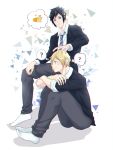  2boys black_eyes black_hair blonde_hair blue_eyes blush chocobo final_fantasy final_fantasy_xv freckles hand_in_hair konpei10 male_focus multiple_boys necktie no_shoes noctis_lucis_caelum petting prompto_argentum question_mark school_uniform sitting spiky_hair teenager thought_bubble younger 