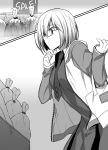  1girl absurdres bag breasts eggplant fate/grand_order fate_(series) glasses greyscale highres hood hooded_jacket jacket monochrome necktie shielder_(fate/grand_order) short_hair solo yamoge 