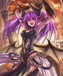  1girl :d arms_up artist_request dragon_girl dragon_horns dragon_tail dragon_wings dragonewt_princess eyebrows_visible_through_hair horns loincloth navel official_art open_mouth orange_eyes pointy_ears purple_hair railing raised_eyebrow ruins scales shadowverse smile spikes tail teeth twintails wings 