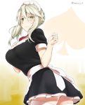 1girl alternate_costume apron artoria_pendragon_alter_(fate/grand_order) ass black_dress blonde_hair blush braid breasts commentary_request dress embarrassed fate/grand_order fate_(series) from_below hair_between_eyes hair_up hand_up highres large_breasts looking_at_viewer maid maid_apron maid_headdress mattari_yufi saber saber_alter short_sleeves sidelocks solo spades_(playing_card) sweatdrop thigh-highs twitter_username white_legwear yellow_eyes zettai_ryouiki 