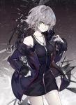  &gt;:) 1girl bangs black_dress black_jacket breasts closed_mouth cowboy_shot dress fate/grand_order fate_(series) fur_collar fur_trim hand_on_hip jacket jeanne_alter jewelry long_sleeves looking_at_viewer medium_breasts necklace open_clothes open_jacket pale_skin ruler_(fate/apocrypha) saberiii short_dress short_hair silver_hair smile solo yellow_eyes 