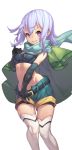  1girl ass_visible_through_thighs bangs bare_shoulders belt belt_buckle bike_shorts black_gloves black_shorts breasts buckle cape chris_(konosuba) closed_mouth cowboy_shot crop_top elbow_gloves eyebrows_visible_through_hair gloves green_cape green_gloves green_scarf green_shorts groin hair_between_eyes hand_on_own_chest hand_up highres kono_subarashii_sekai_ni_shukufuku_wo! long_hair looking_at_viewer mokew purple_hair scarf shorts shorts_under_shorts simple_background small_breasts smile solo thigh-highs violet_eyes white_background white_legwear 