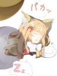  1girl animal_ears bangs blonde_hair blunt_bangs blush_stickers chibi closed_eyes commentary_request da-mii fox_ears fox_tail highres long_hair lying on_side open_mouth oshiro_project plate senko_(oshiro_project) simple_background sleeping solo speech_bubble tail tail_wagging torii_hair_ornament triangle_mouth white_background zzz 