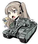  1girl boko_(girls_und_panzer) brown_eyes brown_hair centurion_(tank) girls_und_panzer ground_vehicle image_sample military military_vehicle motor_vehicle shimada_arisu simple_background stuffed_animal stuffed_toy tank teddy_bear twitter_sample 