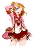  1girl ;d arm_up blue_eyes cowboy_shot hair_between_eyes hair_ornament happy_valentine heart heart_hair_ornament kousaka_honoka looking_at_viewer love_live! love_live!_school_idol_project one_eye_closed open_mouth orange_hair pink_jacket pleated_skirt red_skirt shirt short_hair side_ponytail skirt smile solo standing suspender_skirt suspenders transparent_background w white_shirt 