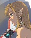  2boys androgynous bare_shoulders blonde_hair blue_eyes earrings face from_side hand_on_another&#039;s_face hands haru3201 jewelry link long_hair multiple_boys pointy_ears sidon sparkle the_legend_of_zelda the_legend_of_zelda:_breath_of_the_wild topless trap yaoi 