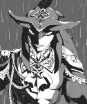  1boy abs greyscale highres looking_at_viewer monochrome muscle rain sharp_teeth sidon slit_pupils smile solo teeth the_legend_of_zelda the_legend_of_zelda:_breath_of_the_wild wet 
