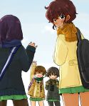  4girls backpack bag bangs black_coat black_hair black_legwear blue_coat blue_eyes blue_scarf breath brown_eyes brown_hair brown_sweater cardigan carrying closed_eyes closed_mouth cowboy_shot dark_skin earmuffs freckles from_behind girls_und_panzer green_scarf green_skirt hooded_coat hoshino_(girls_und_panzer) long_sleeves looking_at_viewer looking_back miniskirt multiple_girls nakajima_(girls_und_panzer) oimo_mushi ooarai_school_uniform open_mouth pantyhose plaid plaid_scarf pleated_skirt scarf school_bag short_hair simple_background skirt smile standing suzuki_(girls_und_panzer) tsuchiya_(girls_und_panzer) waving white_background winter_clothes yellow_coat yellow_scarf 