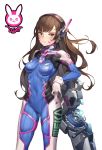  &gt;:3 1girl :3 acronym animal_print arm_at_side bangs blue_bodysuit bodysuit boots bracer breasts breasts_apart brown_eyes brown_hair bunny_print character_name closed_mouth clothes_writing covered_navel cowboy_shot d.va_(overwatch) energy_gun eyelashes facepaint facial_mark gloves gravity_gun gun headphones high_collar highres legs_apart long_hair long_sleeves looking_at_viewer medium_breasts mokew overwatch pauldrons pilot_suit ribbed_bodysuit shiny shiny_clothes shoulder_pads simple_background skin_tight skindentation solo standing thigh-highs thigh_boots thigh_strap weapon whisker_markings white_background white_boots white_gloves 
