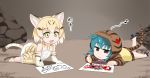  animal_ears aqua_hair bare_shoulders blonde_hair bow bowtie cat_ears cat_tail choi_kada crayon drawing elbow_gloves eyebrows_visible_through_hair gloves hood hoodie kemono_friends long_sleeves multicolored_hair multiple_girls open_mouth ribbon sand_cat_(kemono_friends) shirt short_hair skirt sleeveless snake snake_tail streaked_hair striped_hoodie striped_tail tail tail_wagging translated tsuchinoko_(kemono_friends) white_shirt yellow_eyes 