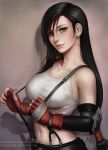  1girl black_hair breasts brown_eyes cleavage earrings elbow_gloves elbow_pads final_fantasy final_fantasy_vii gloves highres jewelry long_hair looking_at_viewer low-tied_long_hair midriff mirco_cabbia navel solo stomach suspenders tank_top tifa_lockhart upper_body 