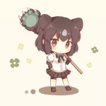  &gt;:/ 1girl :/ animal_ears ankle_boots bear_ears bear_paw_hammer beige_background bike_shorts blue_ribbon blush boots brown_bear_(kemono_friends) brown_boots brown_eyes brown_footwear brown_gloves brown_hair brown_skirt chibi clenched_hand elbow_gloves eyebrows_visible_through_hair eyelashes floral_background flower full_body gloves grey_hair hand_on_hip holding holding_weapon kemono_friends konno_(pixiv_23416142) looking_at_viewer multicolored_hair neck_ribbon no_nose pleated_skirt ribbon shadow shirt short_hair simple_background skirt solo standing tsurime two-tone_hair weapon white_shirt 
